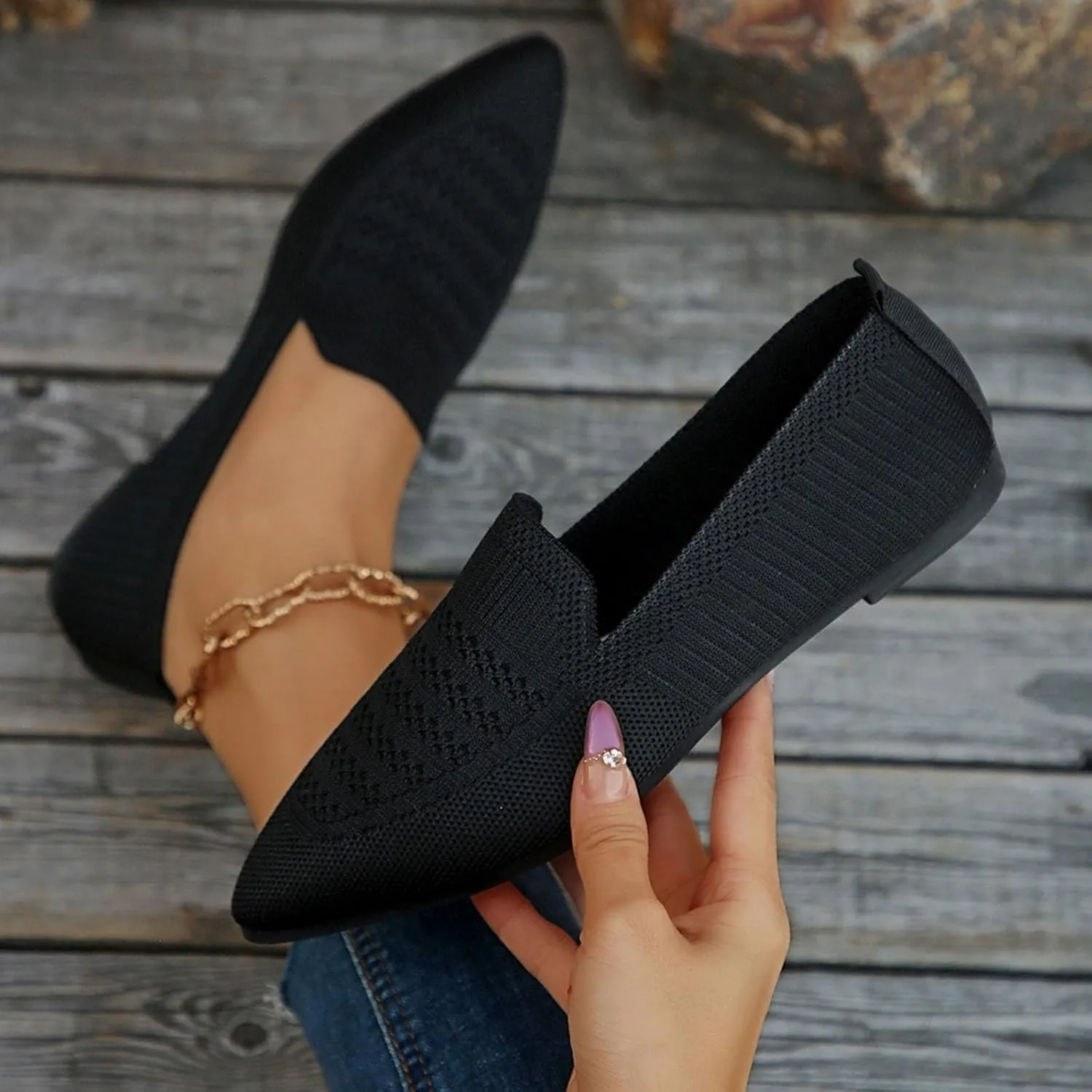 Women's Pointy Toe Loafers Extra Comfortable Knit Dress Shoes Cute Penny Loafer Slip On Ballet Flats Softable Shoes