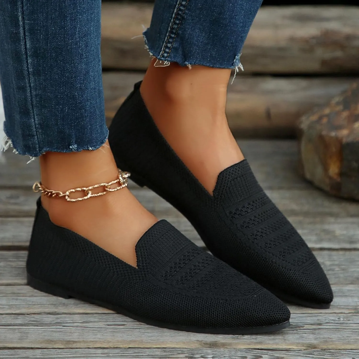 Women's Pointy Toe Loafers Extra Comfortable Knit Dress Shoes Cute Penny Loafer Slip On Ballet Flats Softable Shoes