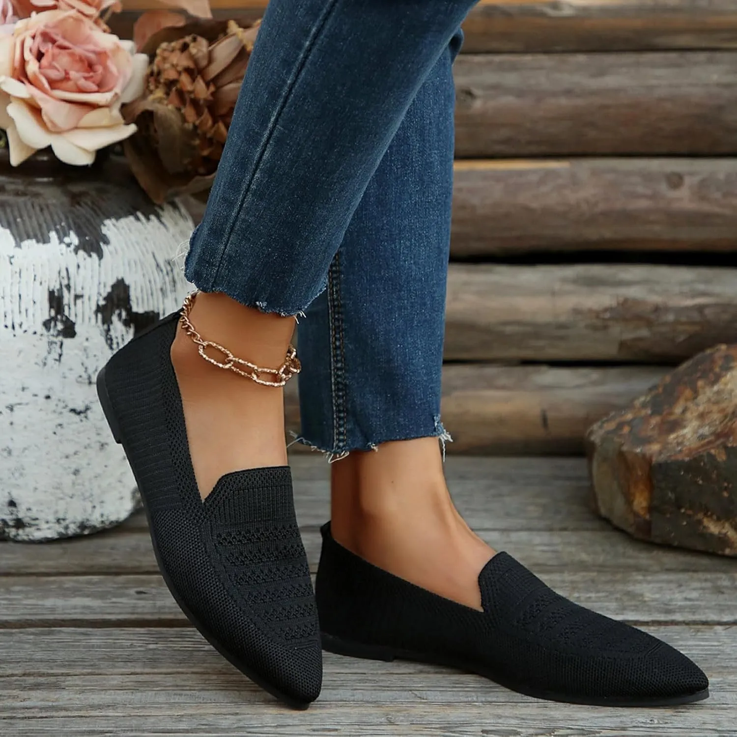 Women's Pointy Toe Loafers Extra Comfortable Knit Dress Shoes Cute Penny Loafer Slip On Ballet Flats Softable Shoes