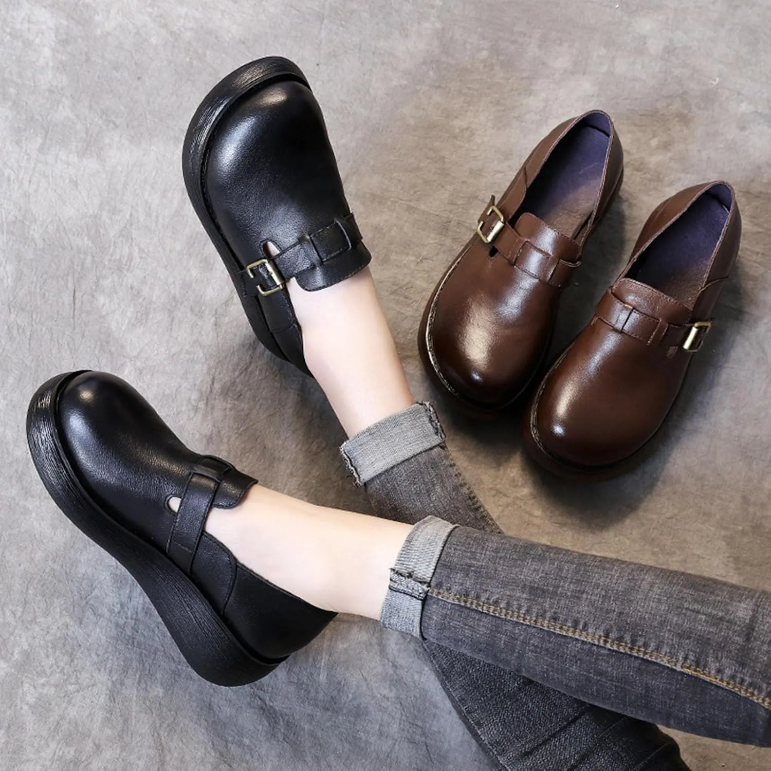 Women's Retro Leather Belt Buckle Thick Sole Loafers Fashionable and Comfortable Handmade Leather Thick Soled Shoes