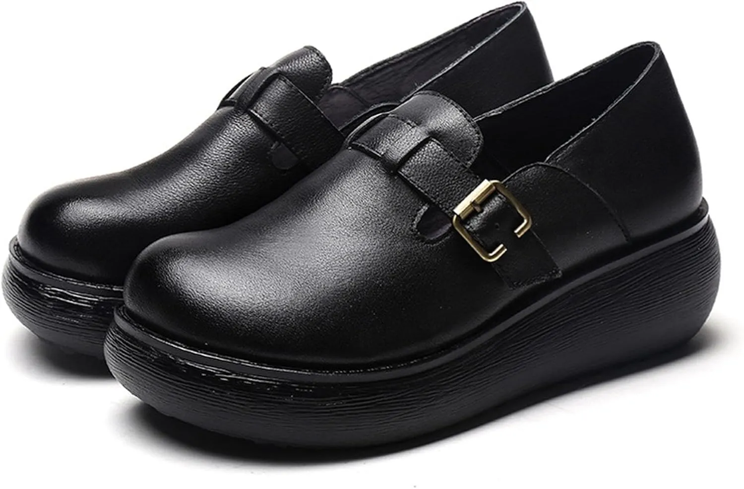 Women's Retro Leather Belt Buckle Thick Sole Loafers Fashionable and Comfortable Handmade Leather Thick Soled Shoes