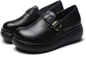 Women's Retro Leather Belt Buckle Thick Sole Loafers Fashionable and Comfortable Handmade Leather Thick Soled Shoes