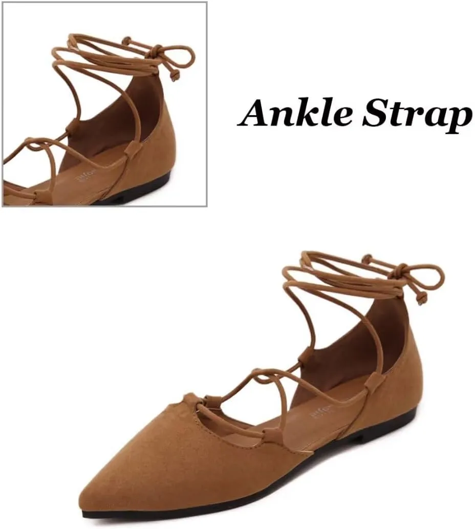 Womens Sandal Pointy Toe Ankle Strap Wrap Ballet Flats Lace Up Wedding Party Shoes