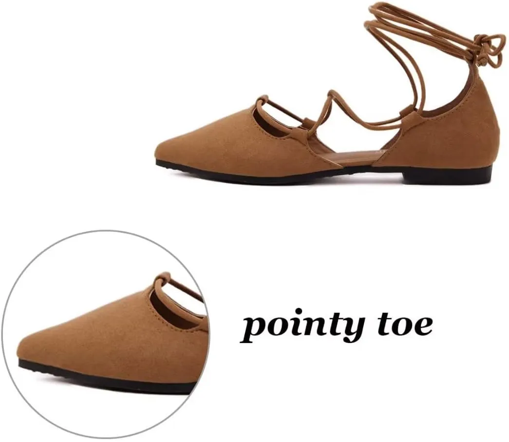 Womens Sandal Pointy Toe Ankle Strap Wrap Ballet Flats Lace Up Wedding Party Shoes