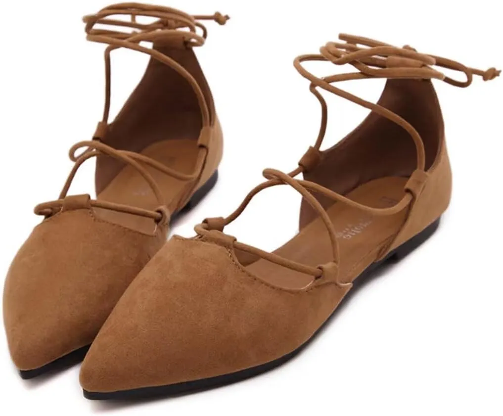 Womens Sandal Pointy Toe Ankle Strap Wrap Ballet Flats Lace Up Wedding Party Shoes