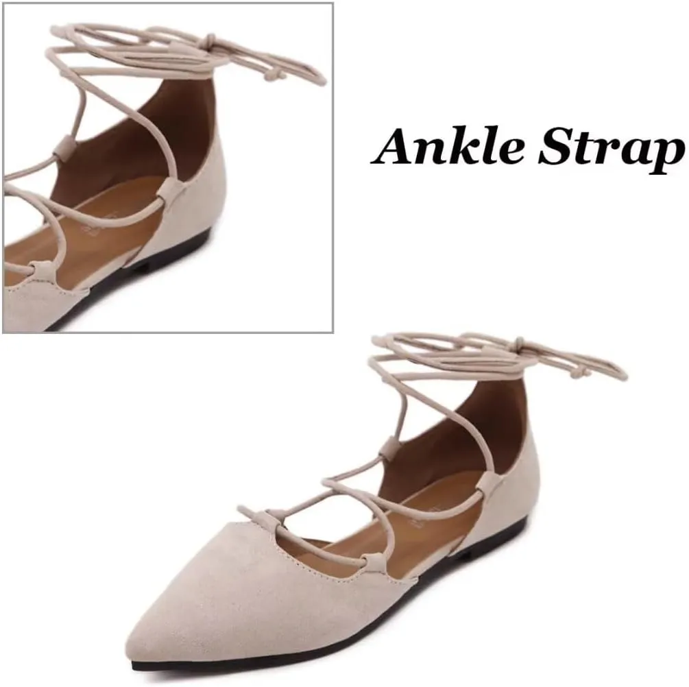 Womens Sandal Pointy Toe Ankle Strap Wrap Ballet Flats Lace Up Wedding Party Shoes