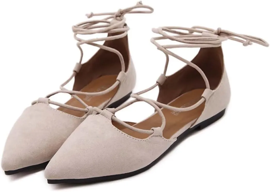 Womens Sandal Pointy Toe Ankle Strap Wrap Ballet Flats Lace Up Wedding Party Shoes
