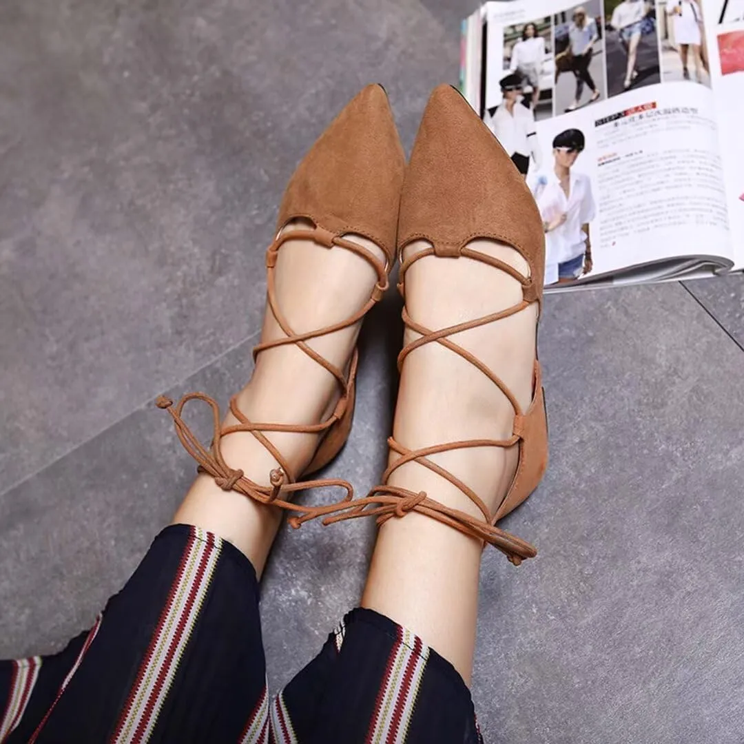Womens Sandal Pointy Toe Ankle Strap Wrap Ballet Flats Lace Up Wedding Party Shoes