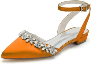 Women's Satin Wedding Flats for Bride Bridal Shoes Low Heel Closed Pointy Toe Pumps Ankle Strap Sandals