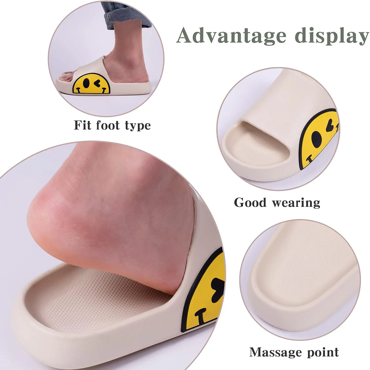 Womens Slides,Pillow Slippers Sandals for Men,Unisex Non slip Quick Dry Shower Shoes Indoor Outdoor Open Toe Spa Bath Pool Gym House Casual Massage Smile Face Slippers