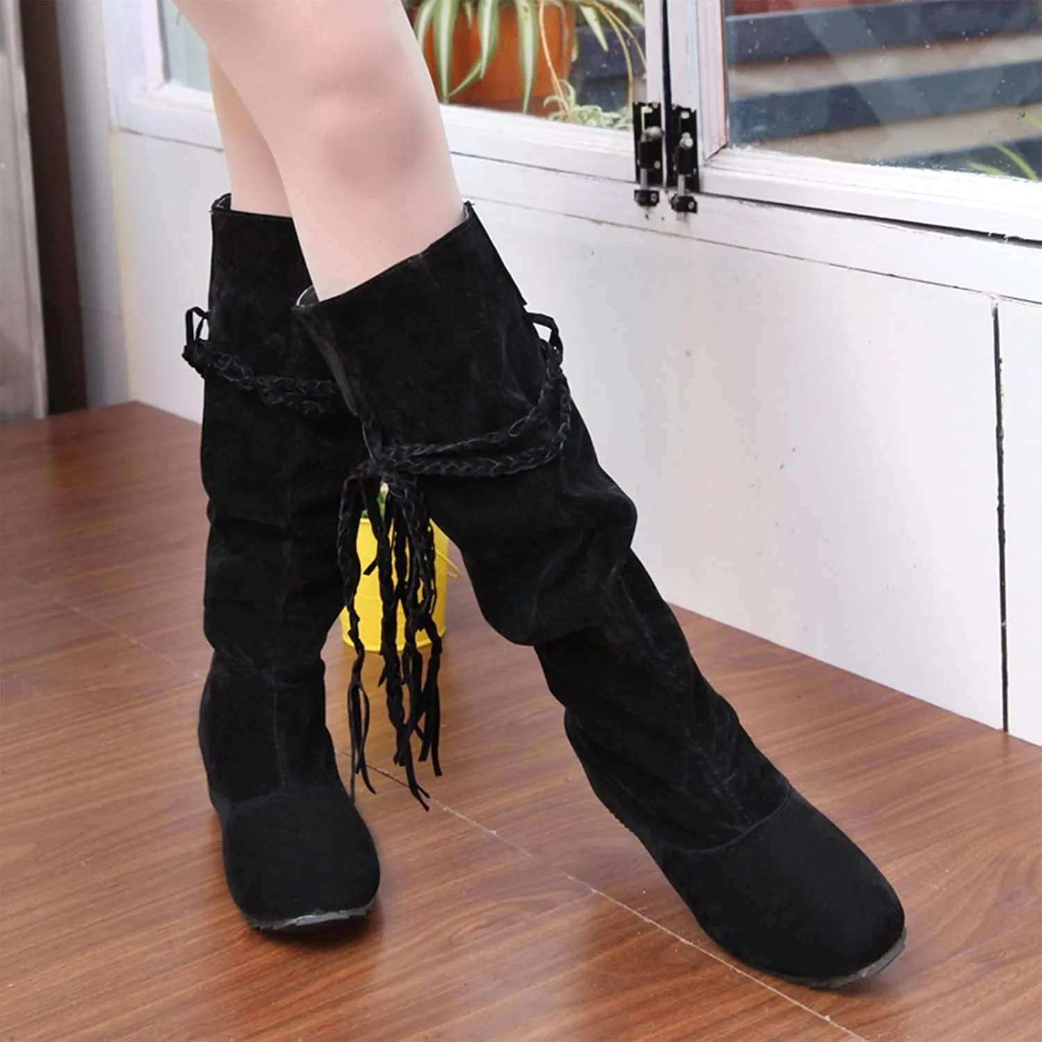 Women's Snow Boots Knee High Fashion Solid Pointed Toe Strap Tassel Keep Warm Slip on Long Boots Winter Comfortable Non-slip Outdoor Boots Shoes
