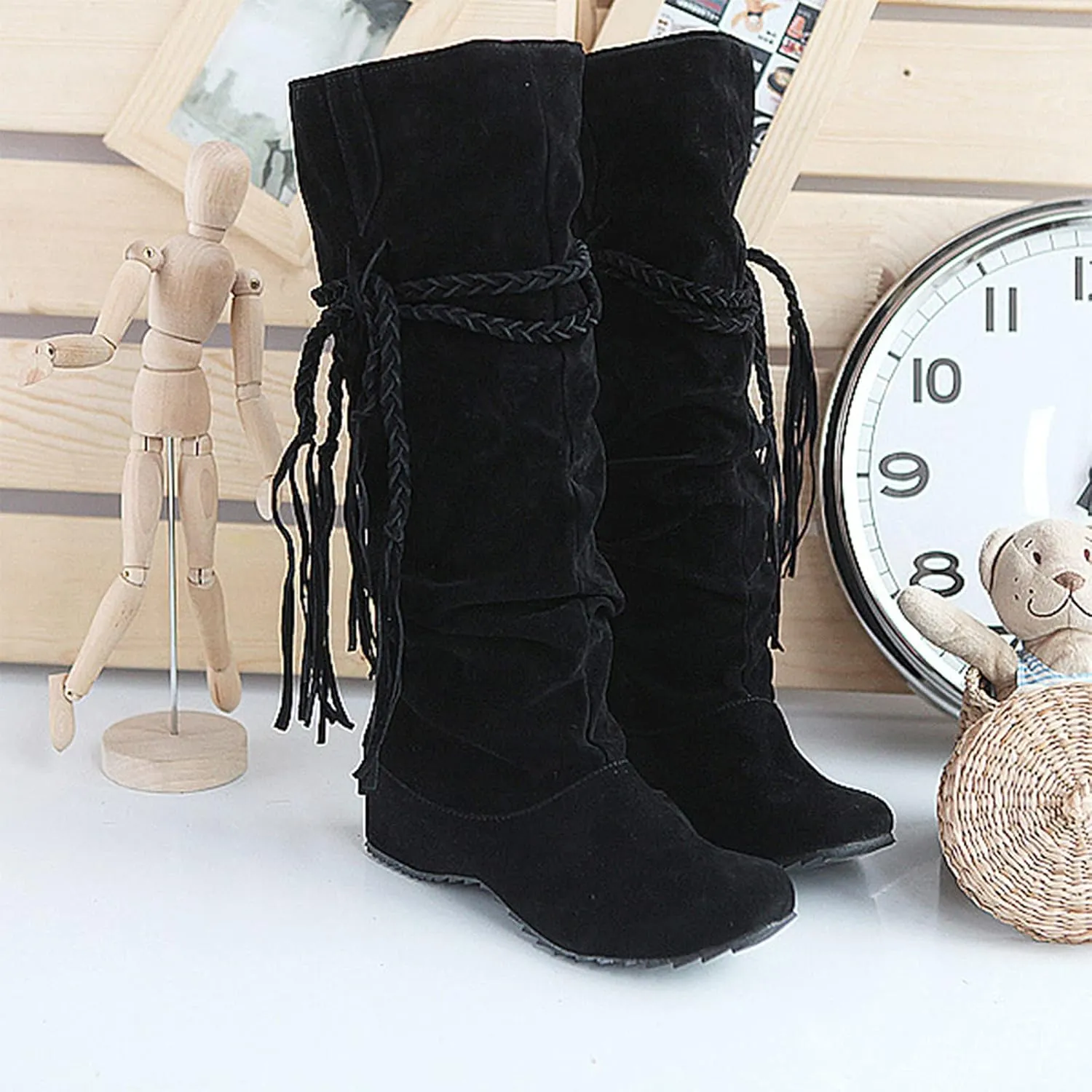 Women's Snow Boots Knee High Fashion Solid Pointed Toe Strap Tassel Keep Warm Slip on Long Boots Winter Comfortable Non-slip Outdoor Boots Shoes