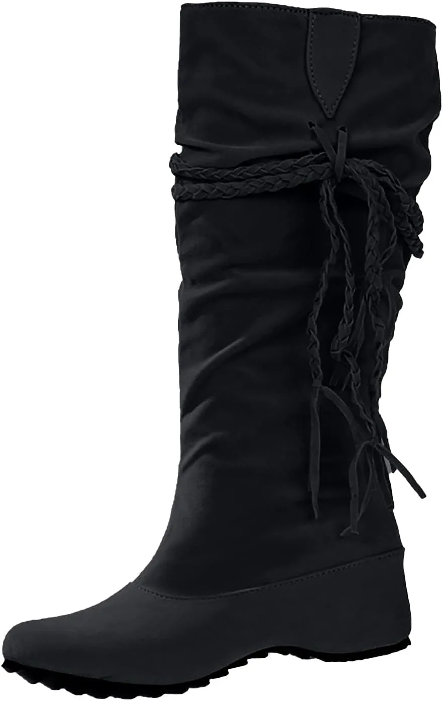 Women's Snow Boots Knee High Fashion Solid Pointed Toe Strap Tassel Keep Warm Slip on Long Boots Winter Comfortable Non-slip Outdoor Boots Shoes
