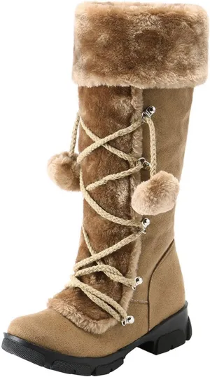 Womens Snow Boots Suede Mid Calf Dressy Winter Boots Pompom Non-Slip Fully Fur Booties Cold Weather Lace Up Ankle Boots Outdoor Sneakers Winter Shoes
