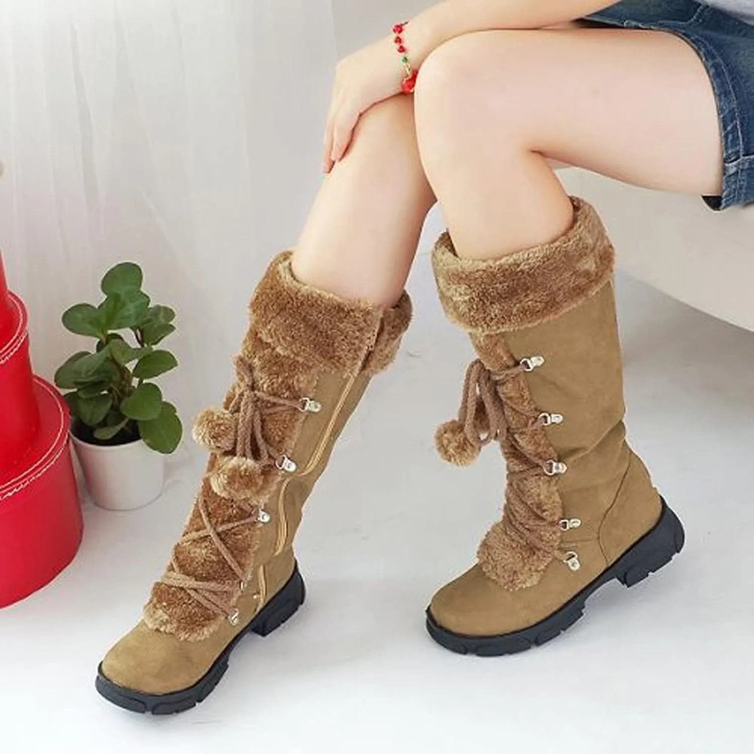 Womens Snow Boots Suede Mid Calf Dressy Winter Boots Pompom Non-Slip Fully Fur Booties Cold Weather Lace Up Ankle Boots Outdoor Sneakers Winter Shoes