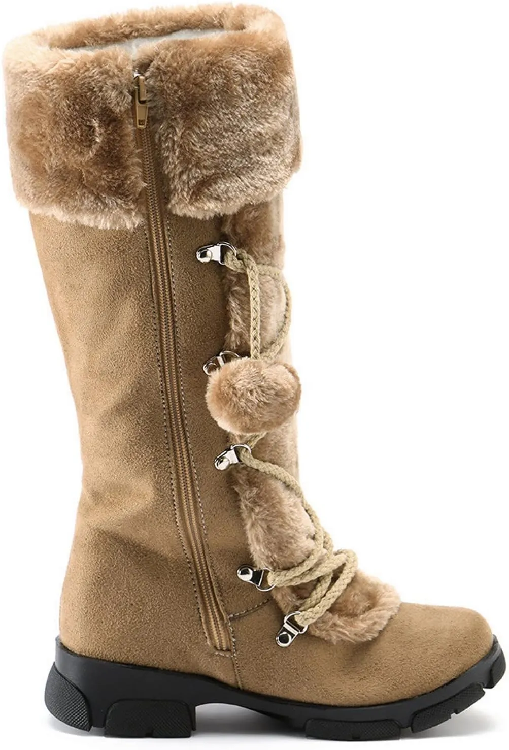 Womens Snow Boots Suede Mid Calf Dressy Winter Boots Pompom Non-Slip Fully Fur Booties Cold Weather Lace Up Ankle Boots Outdoor Sneakers Winter Shoes