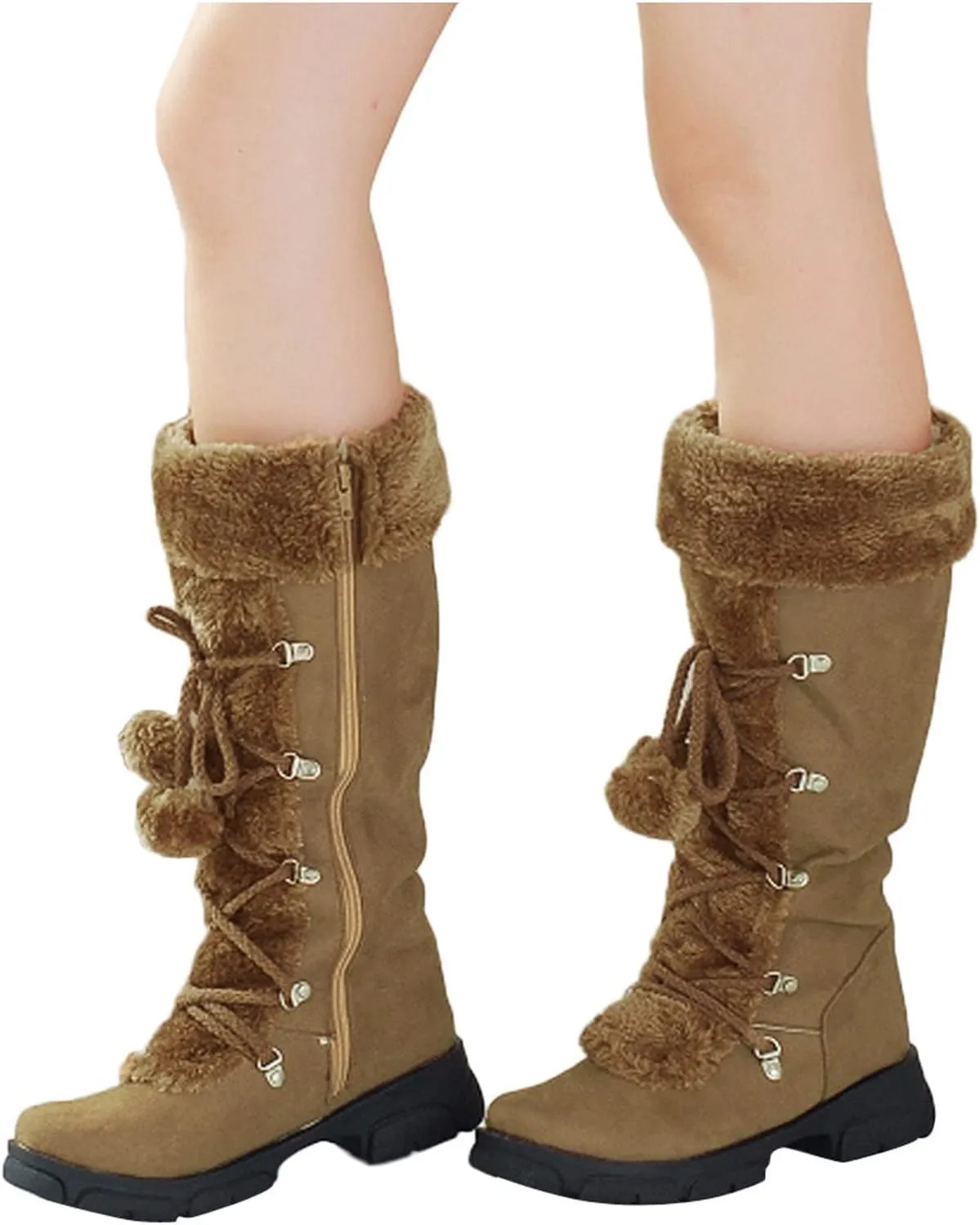 Womens Snow Boots Suede Mid Calf Dressy Winter Boots Pompom Non-Slip Fully Fur Booties Cold Weather Lace Up Ankle Boots Outdoor Sneakers Winter Shoes