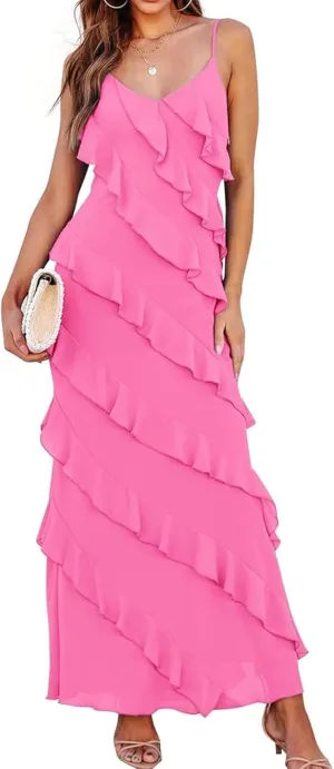 Women's Summer Spaghetti Strap Midi Bodycon Dress Sexy Backless Tassel Ruffle Side Split Party Maxi Dresses