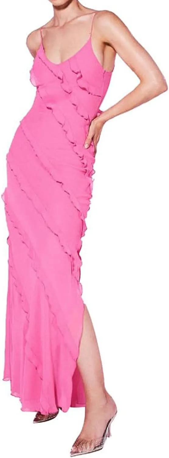 Women's Summer Spaghetti Strap Midi Bodycon Dress Sexy Backless Tassel Ruffle Side Split Party Maxi Dresses
