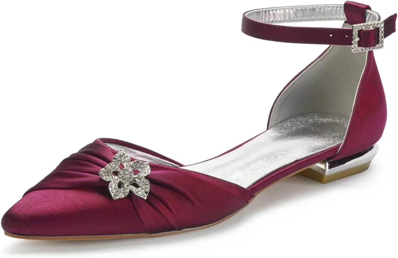 Women's Wedding Shoes for Bride Flats Pointed Toe Pumps Rhinestones Satin Ankle Strap Bridal Shoes