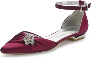 Women's Wedding Shoes for Bride Flats Pointed Toe Pumps Rhinestones Satin Ankle Strap Bridal Shoes