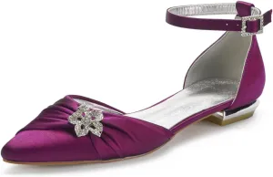 Women's Wedding Shoes for Bride Flats Pointed Toe Pumps Rhinestones Satin Ankle Strap Bridal Shoes