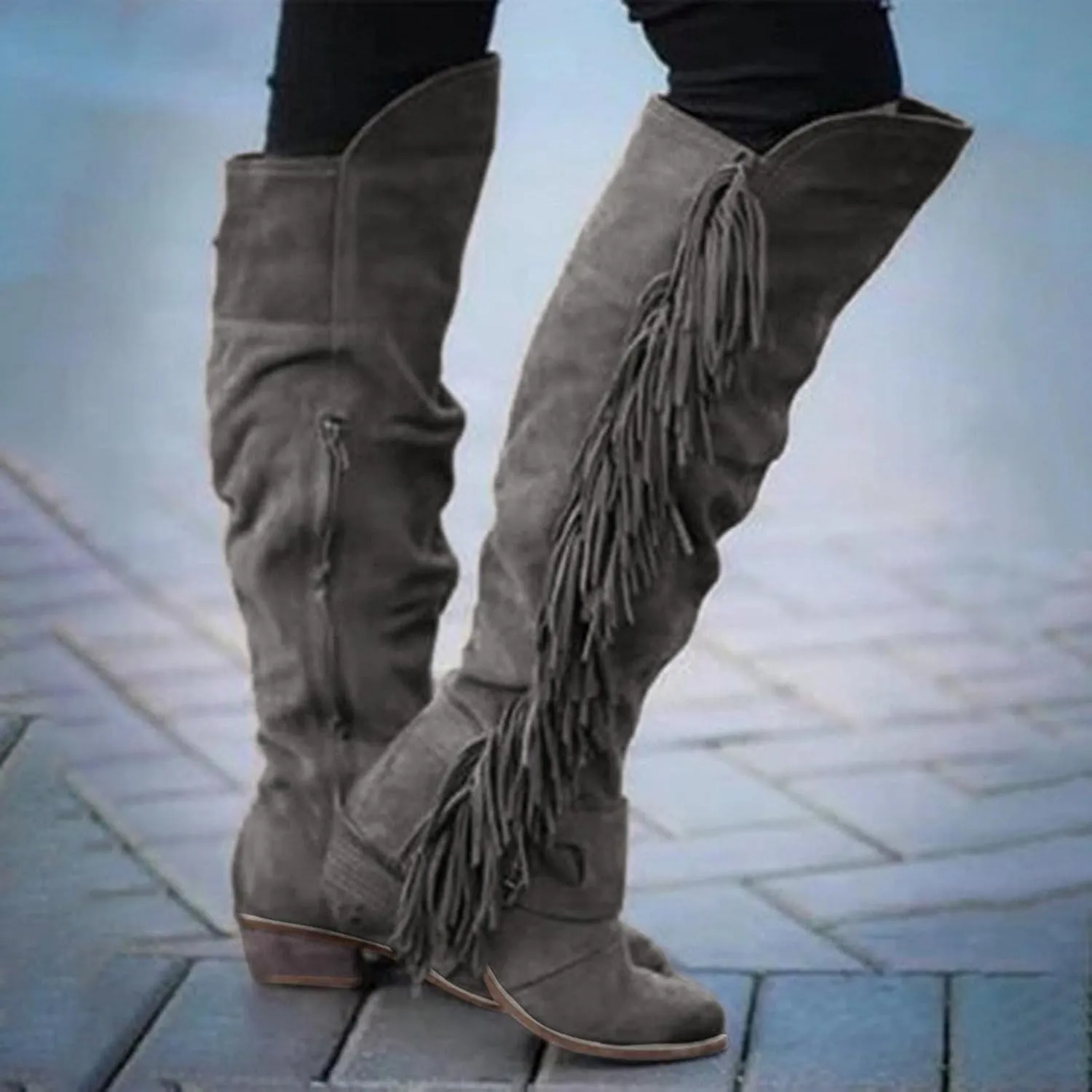 Women's Winter Round Toe Zipper Over The Knee Boots Warm Fringe Knee High Boots Outdoor Retro Chunky Heel Pull On Boot