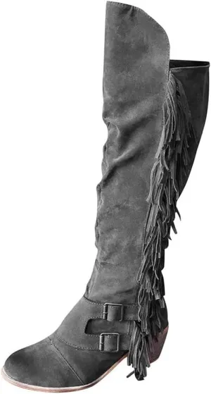 Women's Winter Round Toe Zipper Over The Knee Boots Warm Fringe Knee High Boots Outdoor Retro Chunky Heel Pull On Boot