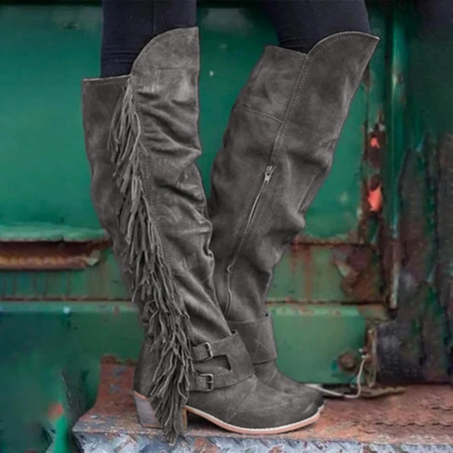 Women's Winter Round Toe Zipper Over The Knee Boots Warm Fringe Knee High Boots Outdoor Retro Chunky Heel Pull On Boot