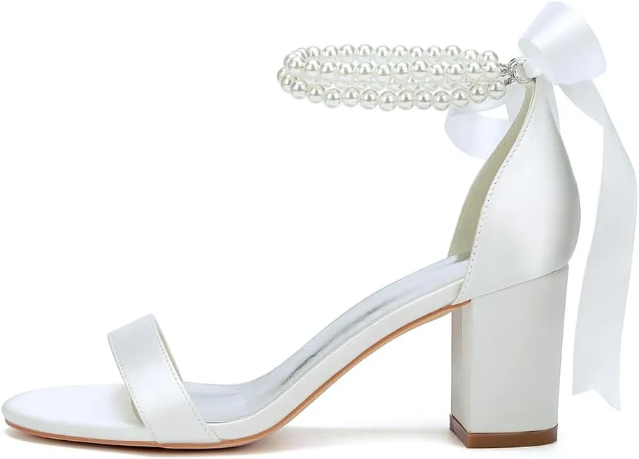 Wome's Open Toe Pearl Wedding Shoes High Heels,Satin Block Heel Ankle Strap Wedding Sandals,Chunky Heel Bridal Shoes Pumps