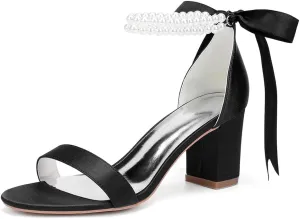Wome's Open Toe Pearl Wedding Shoes High Heels,Satin Block Heel Ankle Strap Wedding Sandals,Chunky Heel Bridal Shoes Pumps