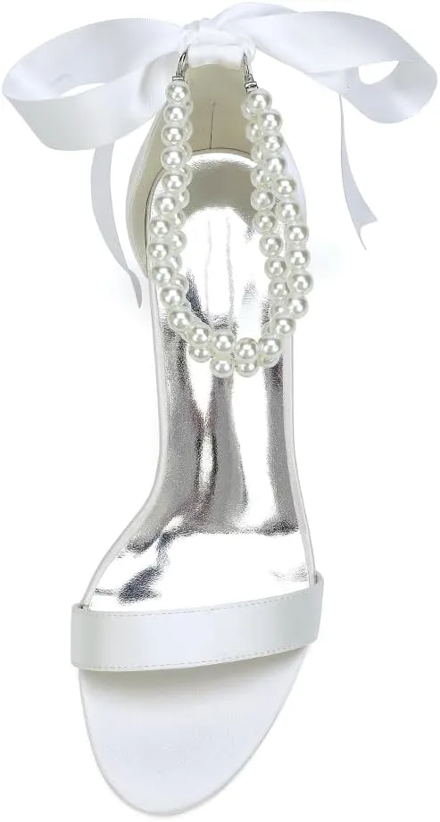 Wome's Open Toe Pearl Wedding Shoes High Heels,Satin Block Heel Ankle Strap Wedding Sandals,Chunky Heel Bridal Shoes Pumps