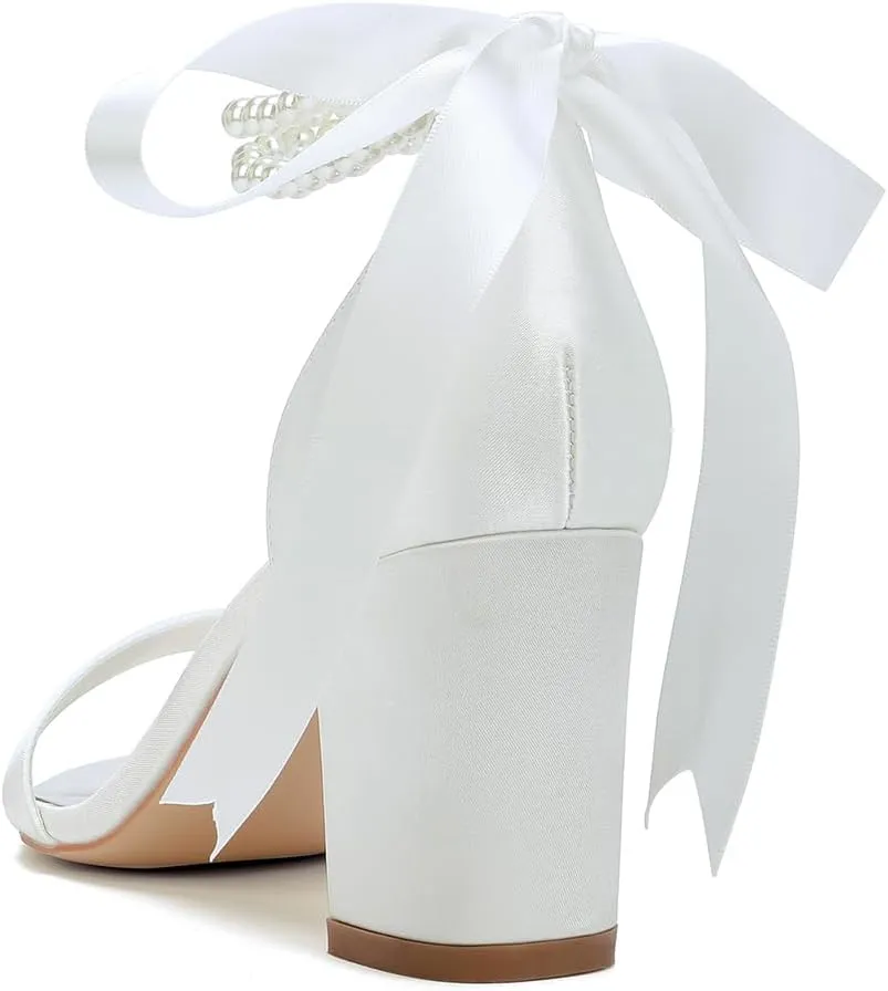 Wome's Open Toe Pearl Wedding Shoes High Heels,Satin Block Heel Ankle Strap Wedding Sandals,Chunky Heel Bridal Shoes Pumps