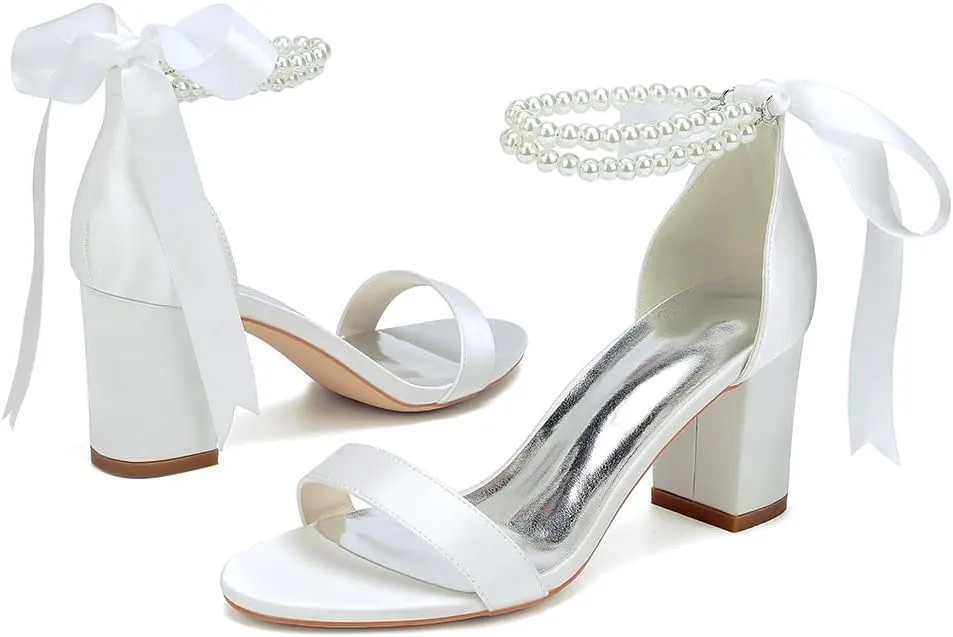 Wome's Open Toe Pearl Wedding Shoes High Heels,Satin Block Heel Ankle Strap Wedding Sandals,Chunky Heel Bridal Shoes Pumps
