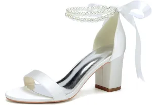 Wome's Open Toe Pearl Wedding Shoes High Heels,Satin Block Heel Ankle Strap Wedding Sandals,Chunky Heel Bridal Shoes Pumps