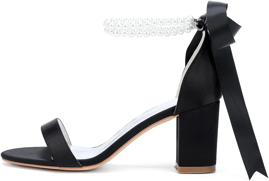 Wome's Open Toe Pearl Wedding Shoes High Heels,Satin Block Heel Ankle Strap Wedding Sandals,Chunky Heel Bridal Shoes Pumps