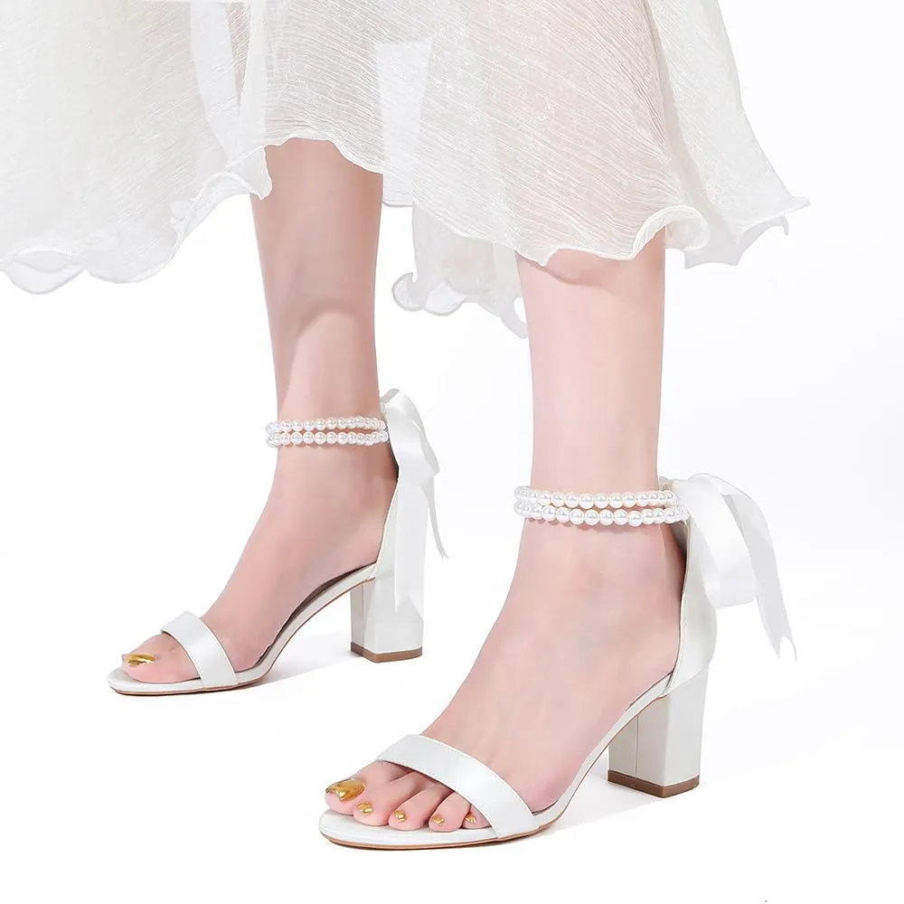 Wome's Open Toe Pearl Wedding Shoes High Heels,Satin Block Heel Ankle Strap Wedding Sandals,Chunky Heel Bridal Shoes Pumps