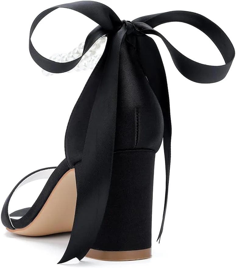 Wome's Open Toe Pearl Wedding Shoes High Heels,Satin Block Heel Ankle Strap Wedding Sandals,Chunky Heel Bridal Shoes Pumps