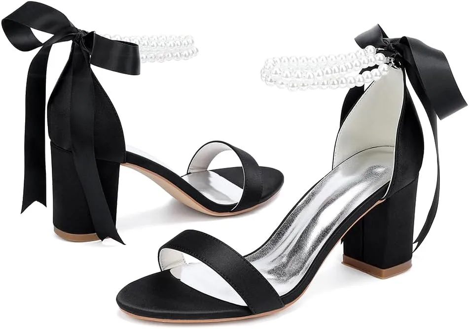 Wome's Open Toe Pearl Wedding Shoes High Heels,Satin Block Heel Ankle Strap Wedding Sandals,Chunky Heel Bridal Shoes Pumps