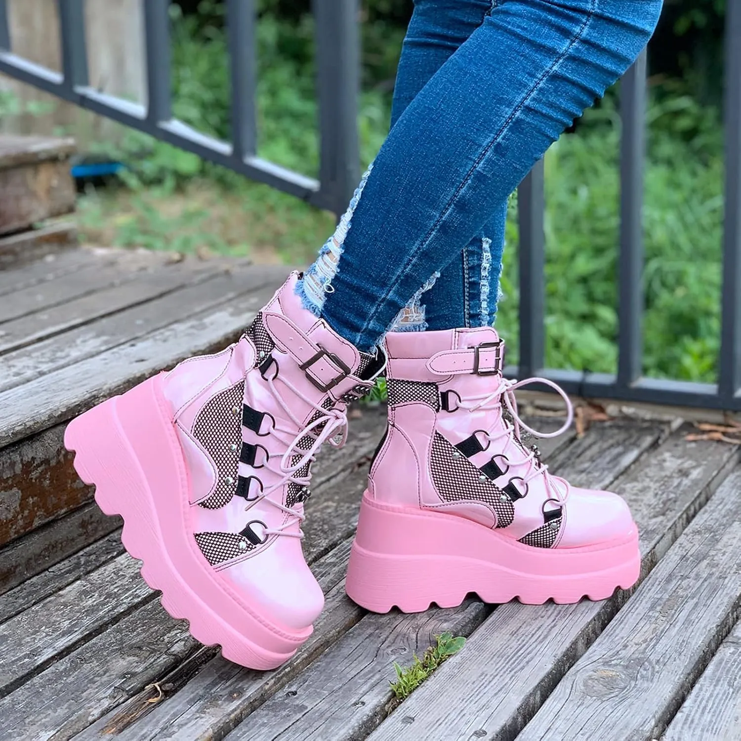 ZBYY Women's Lace Up Combat Booties Wedge Platform Mid Calf Military Booties Goth Buckle Strap Winter Ankle Boots