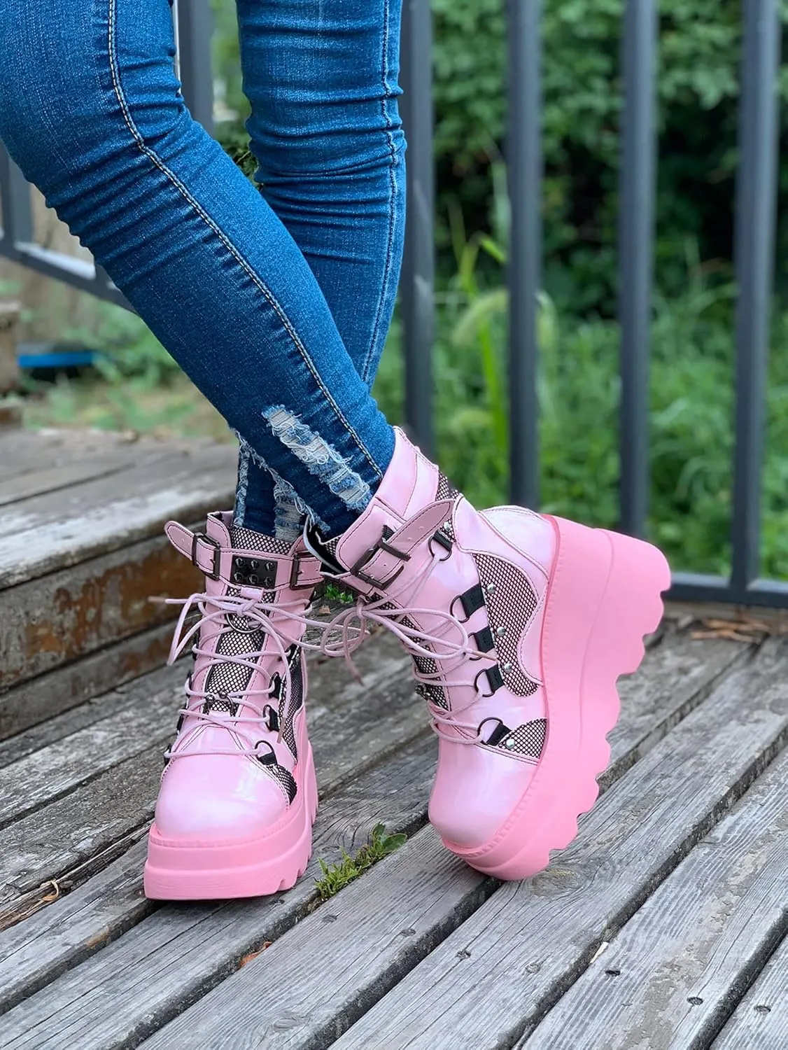 ZBYY Women's Lace Up Combat Booties Wedge Platform Mid Calf Military Booties Goth Buckle Strap Winter Ankle Boots