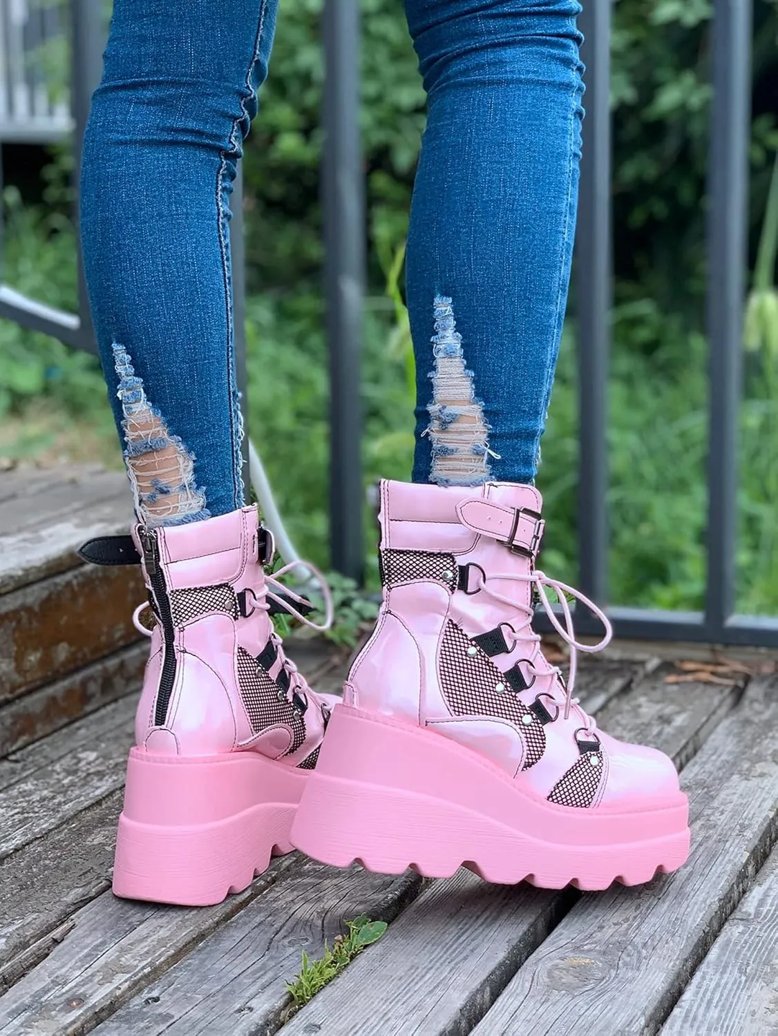 ZBYY Women's Lace Up Combat Booties Wedge Platform Mid Calf Military Booties Goth Buckle Strap Winter Ankle Boots