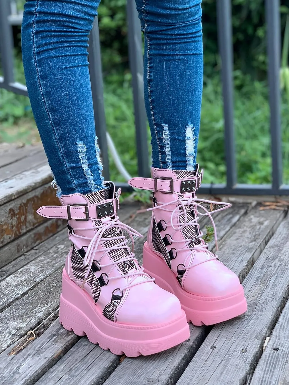 ZBYY Women's Lace Up Combat Booties Wedge Platform Mid Calf Military Booties Goth Buckle Strap Winter Ankle Boots