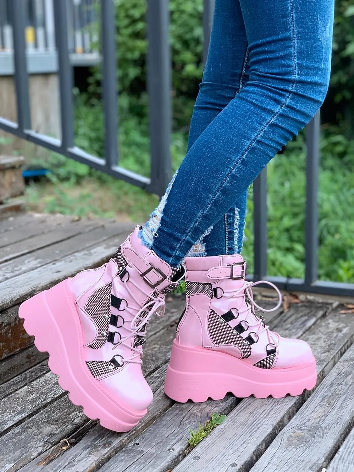 ZBYY Women's Lace Up Combat Booties Wedge Platform Mid Calf Military Booties Goth Buckle Strap Winter Ankle Boots