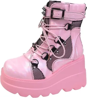 ZBYY Women's Lace Up Combat Booties Wedge Platform Mid Calf Military Booties Goth Buckle Strap Winter Ankle Boots